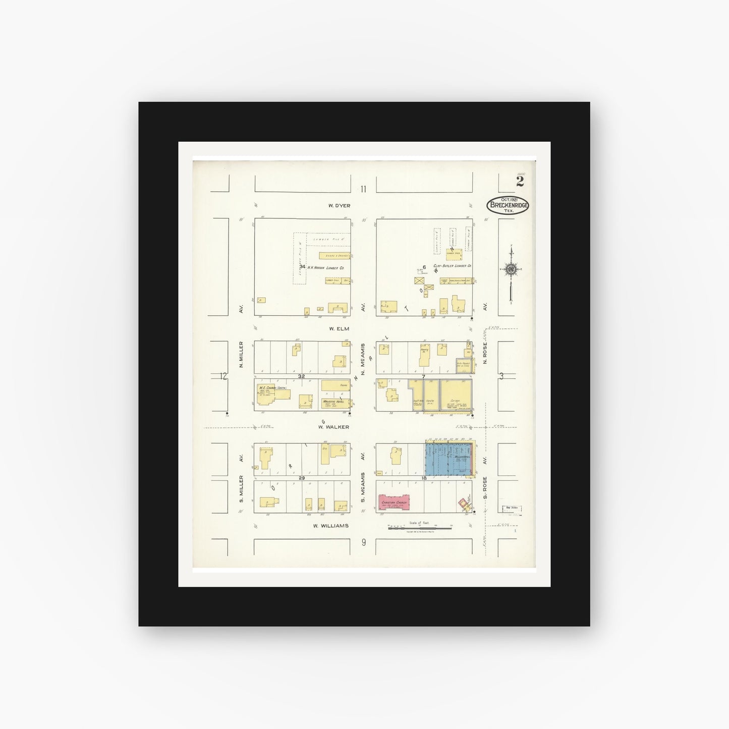Old map wall art mockup — black gallery frame with white mat — Sanborn Fire Insurance Map from Breckenridge, Stephens County, Texas (1921), Sheet #0002