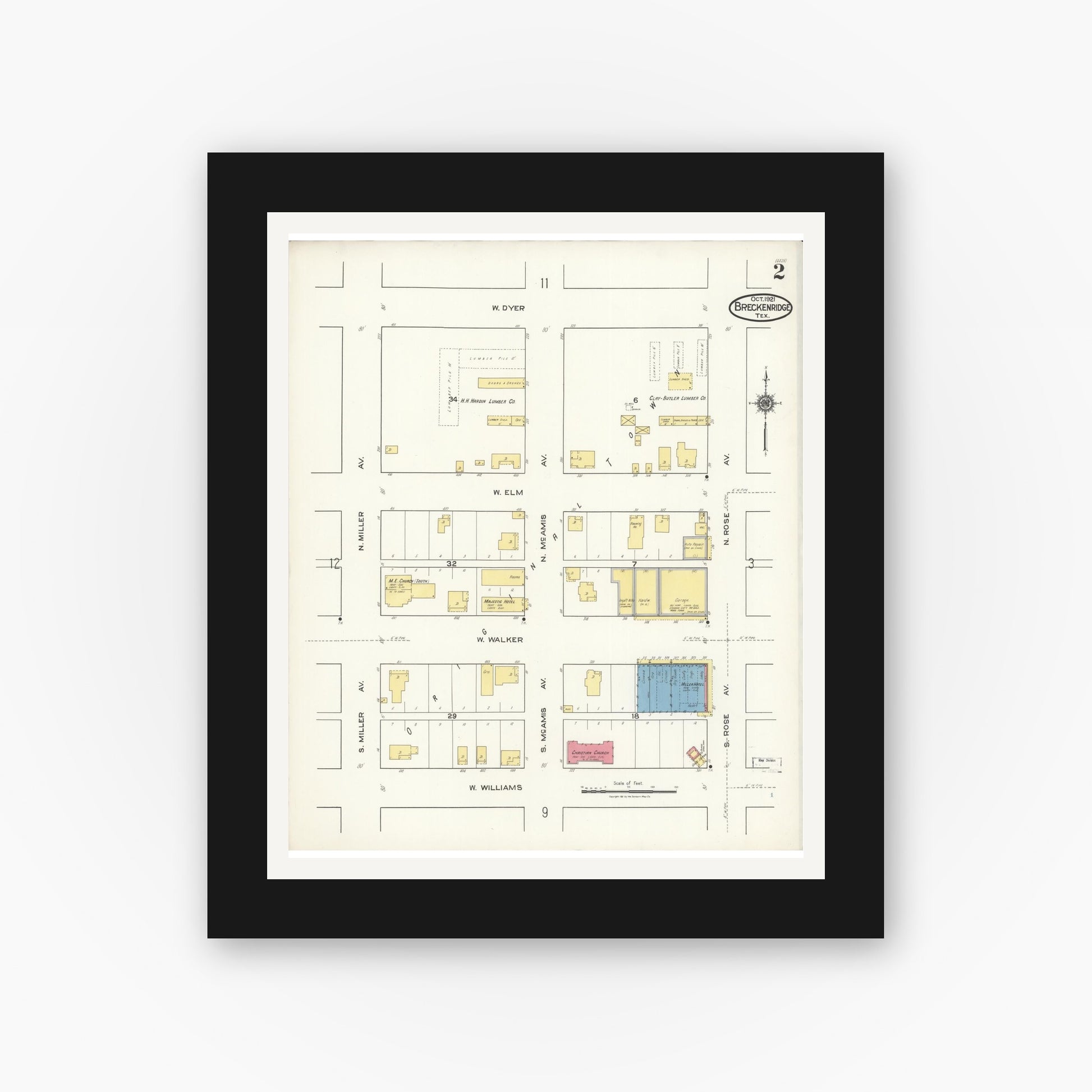 Old map wall art mockup — black gallery frame with white mat — Sanborn Fire Insurance Map from Breckenridge, Stephens County, Texas (1921), Sheet #0002