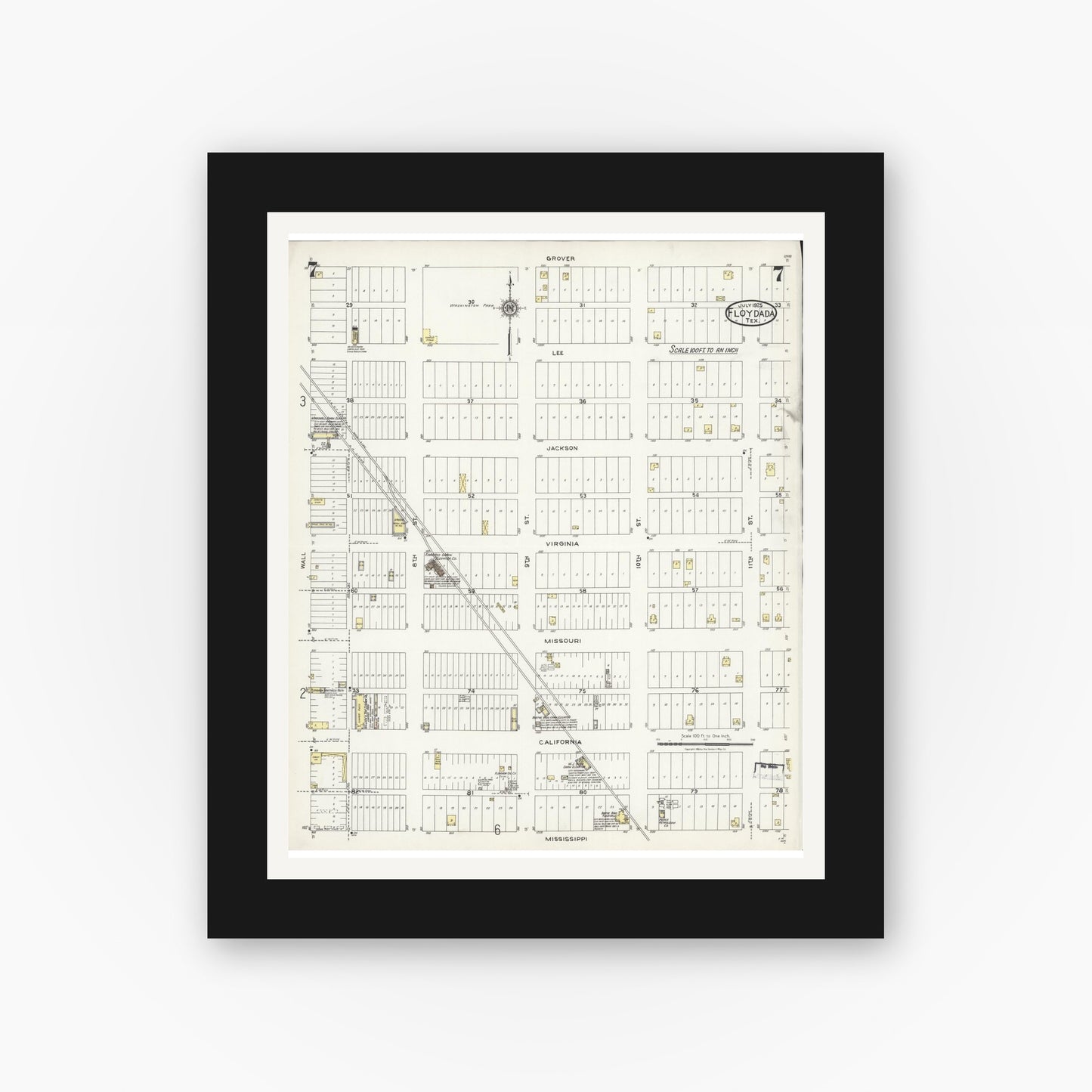 Old map wall art mockup — black gallery frame with white mat — Sanborn Fire Insurance Map from Floydada, Floyd County, Texas (1925), Sheet #0007
