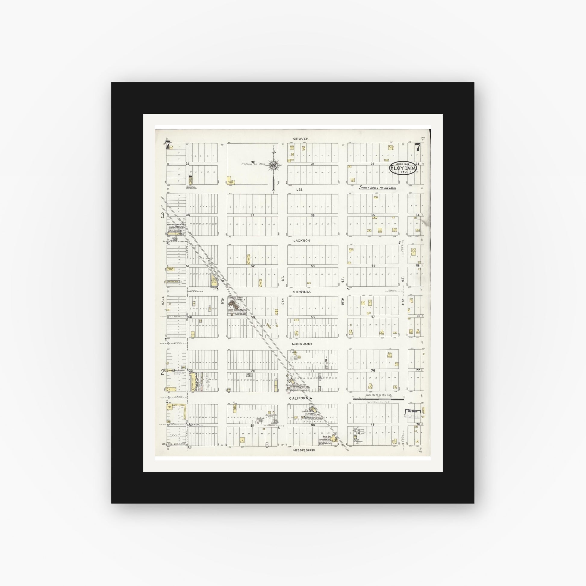 Old map wall art mockup — black gallery frame with white mat — Sanborn Fire Insurance Map from Floydada, Floyd County, Texas (1925), Sheet #0007