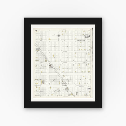 Old map wall art mockup — black gallery frame with white mat — Sanborn Fire Insurance Map from Floydada, Floyd County, Texas (1925), Sheet #0007