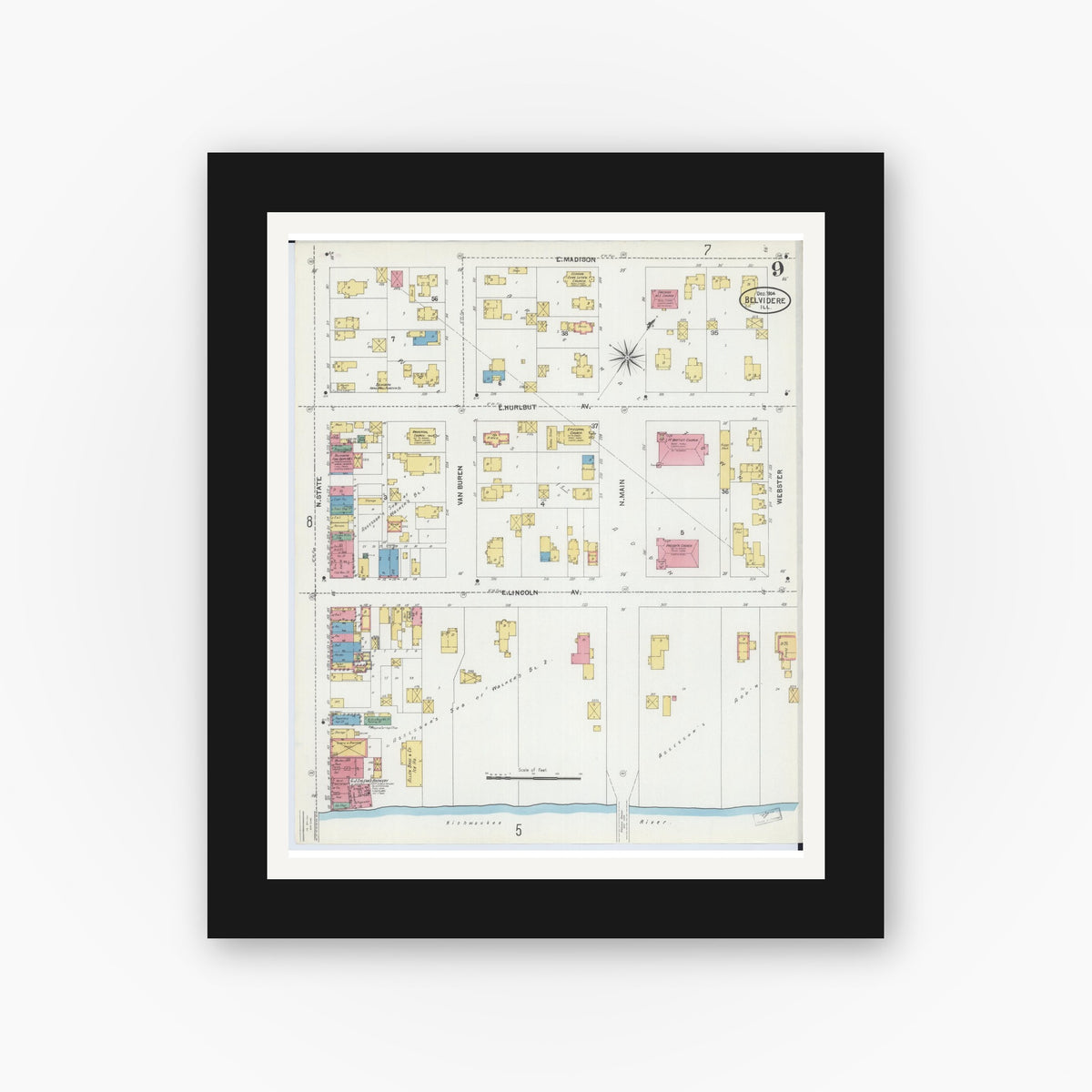 Old map wall art mockup — black gallery frame with white mat — Sanborn Fire Insurance Map from Belvidere, Boone County, Illinois (1904), Sheet #0009