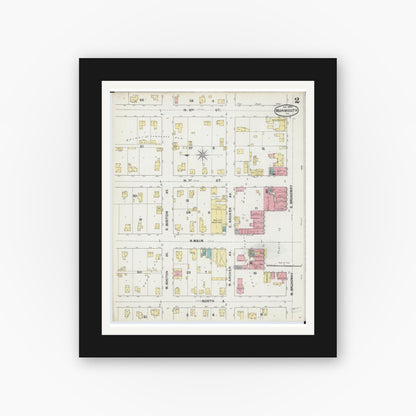 Old map wall art mockup — black gallery frame with white mat — Sanborn Fire Insurance Map from Monmouth, Warren County, Illinois (1892), Sheet #0002