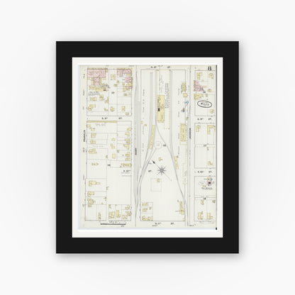 Old map wall art mockup — black gallery frame with white mat — Sanborn Fire Insurance Map from Waco, McLennan County, Texas (1889), Sheet #0008