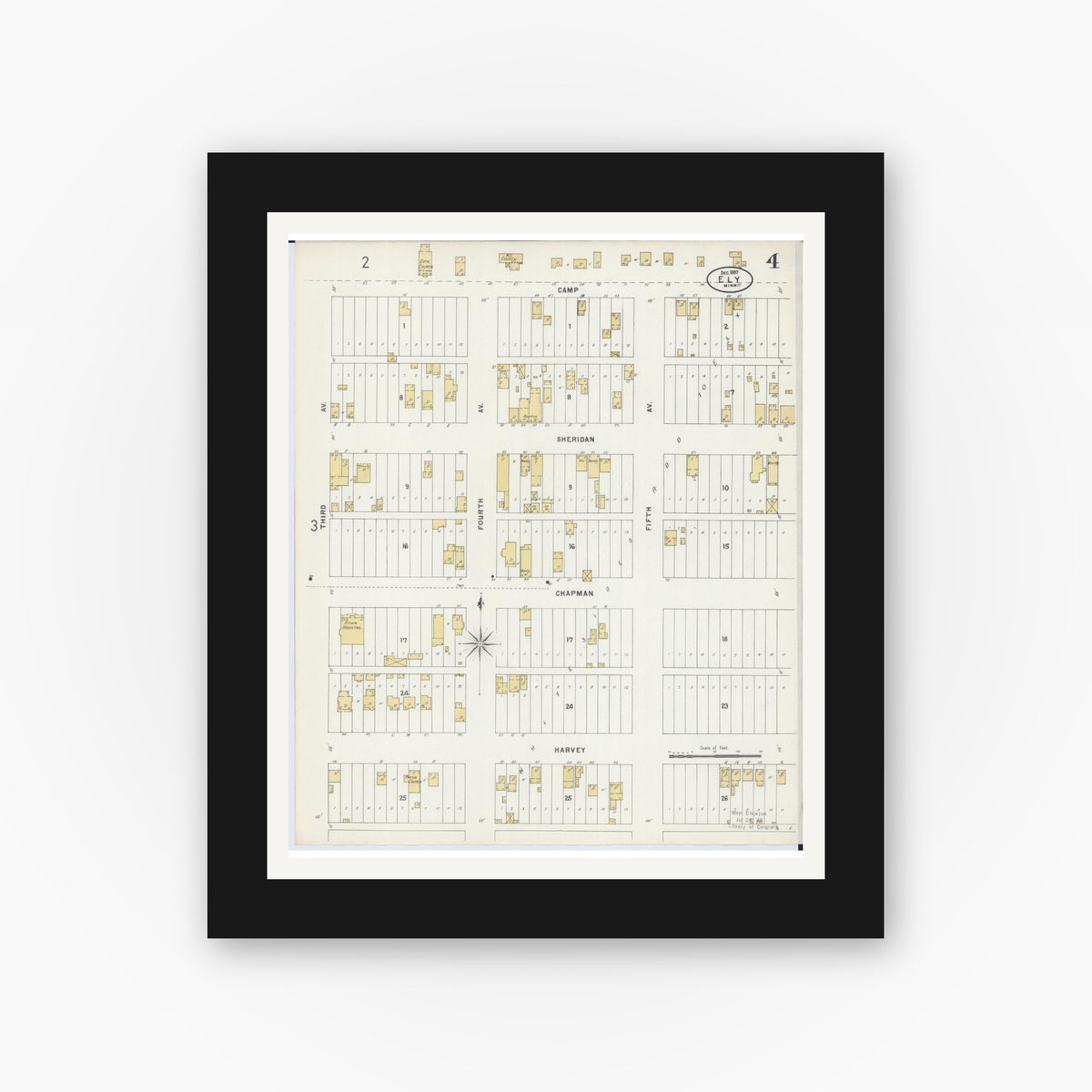 Old map wall art mockup — black gallery frame with white mat — Sanborn Fire Insurance Map from Ely, Saint Louis County, Minnesota (1897), Sheet #0004