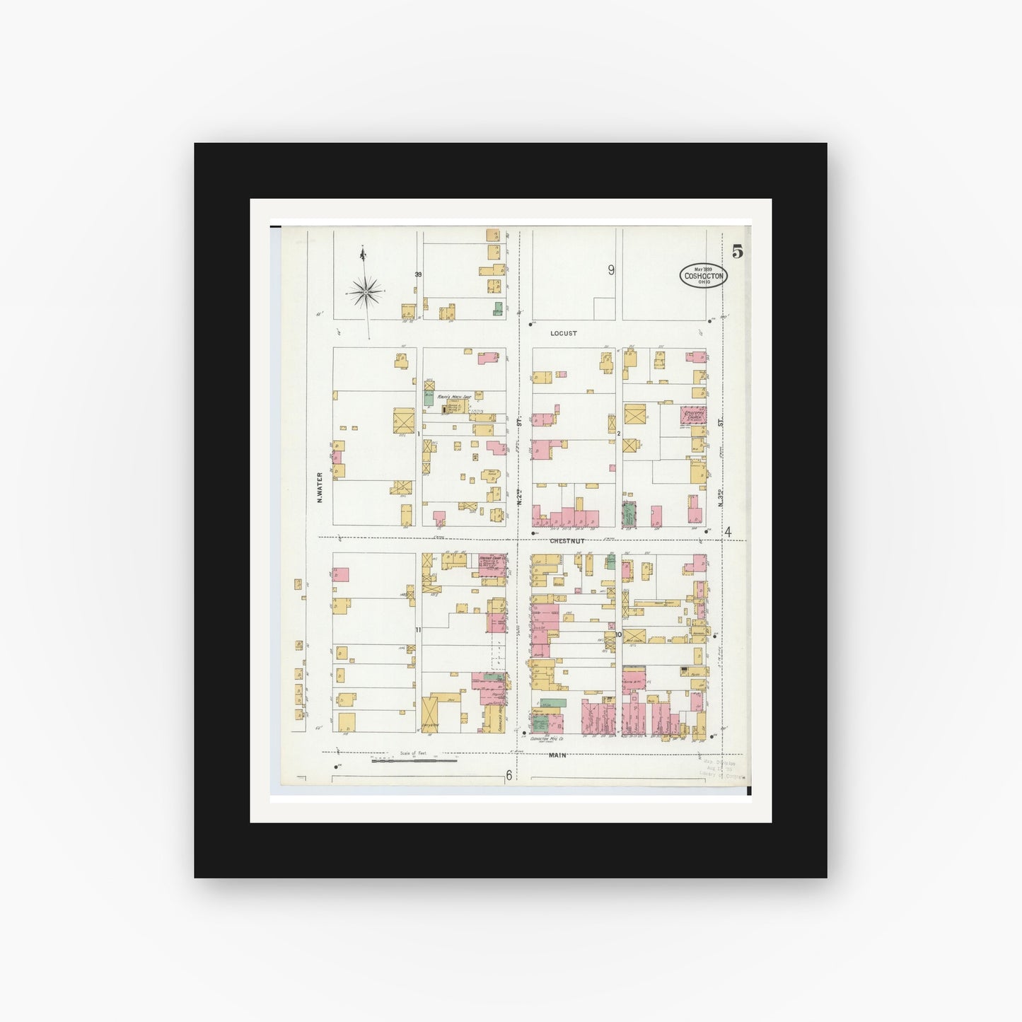 Old map wall art mockup — black gallery frame with white mat — Sanborn Fire Insurance Map from Coshocton, Coshocton County, Ohio (1899), Sheet #0005