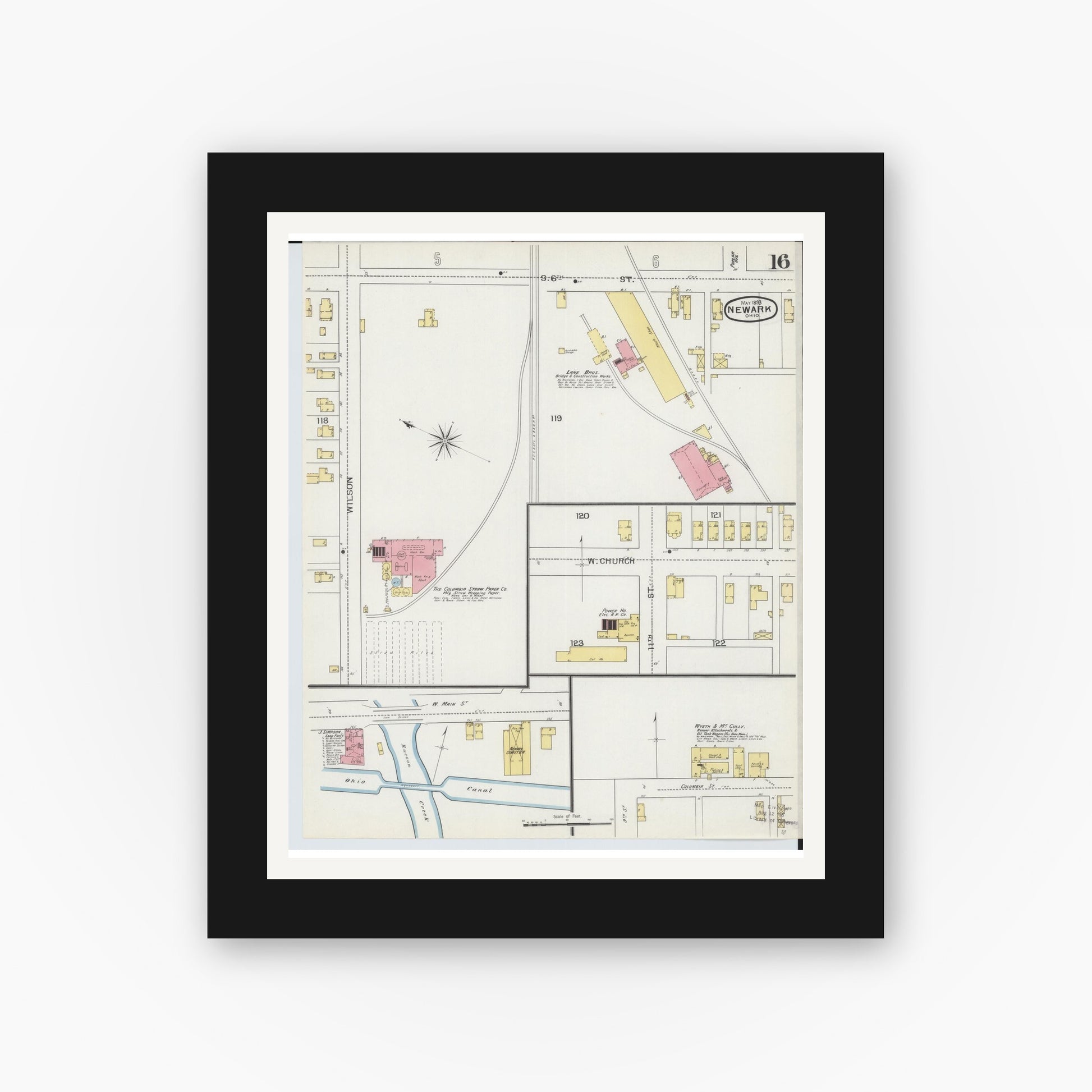 Old map wall art mockup — black gallery frame with white mat — Sanborn Fire Insurance Map from Newark, Licking County, Ohio (1893), Sheet #0016