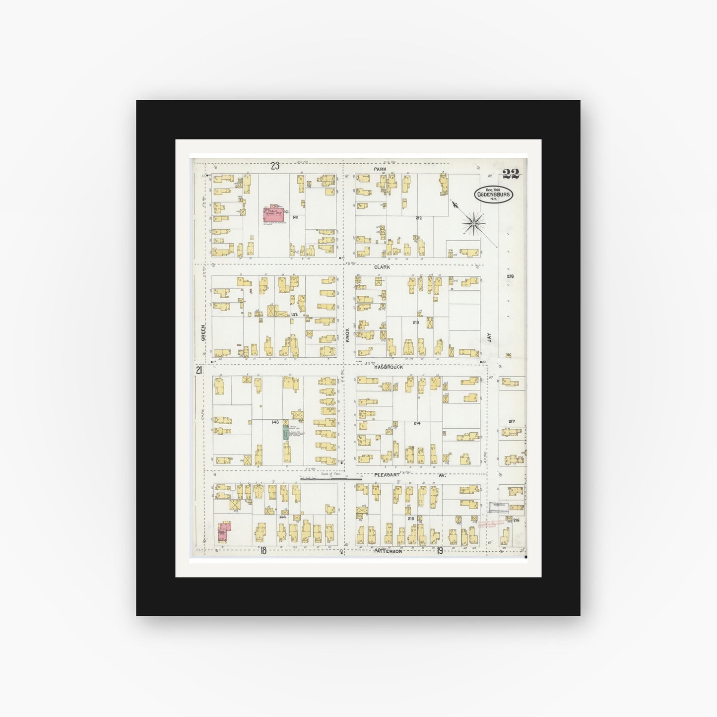 Old map wall art mockup — black gallery frame with white mat — Sanborn Fire Insurance Map from Ogdensburg, St. Lawrence County, New York (1904), Sheet #0022