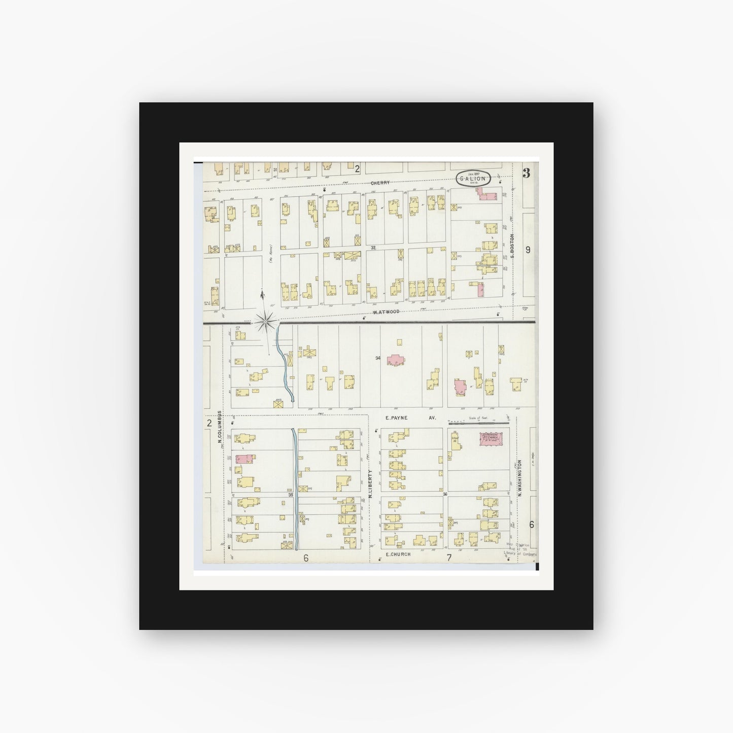 Old map wall art mockup — black gallery frame with white mat — Sanborn Fire Insurance Map from Galion, Crawford County, Ohio (1897), Sheet #0003