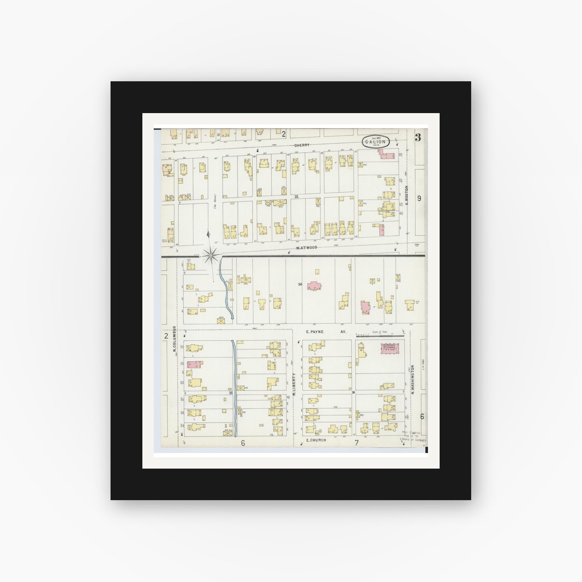 Old map wall art mockup — black gallery frame with white mat — Sanborn Fire Insurance Map from Galion, Crawford County, Ohio (1897), Sheet #0003