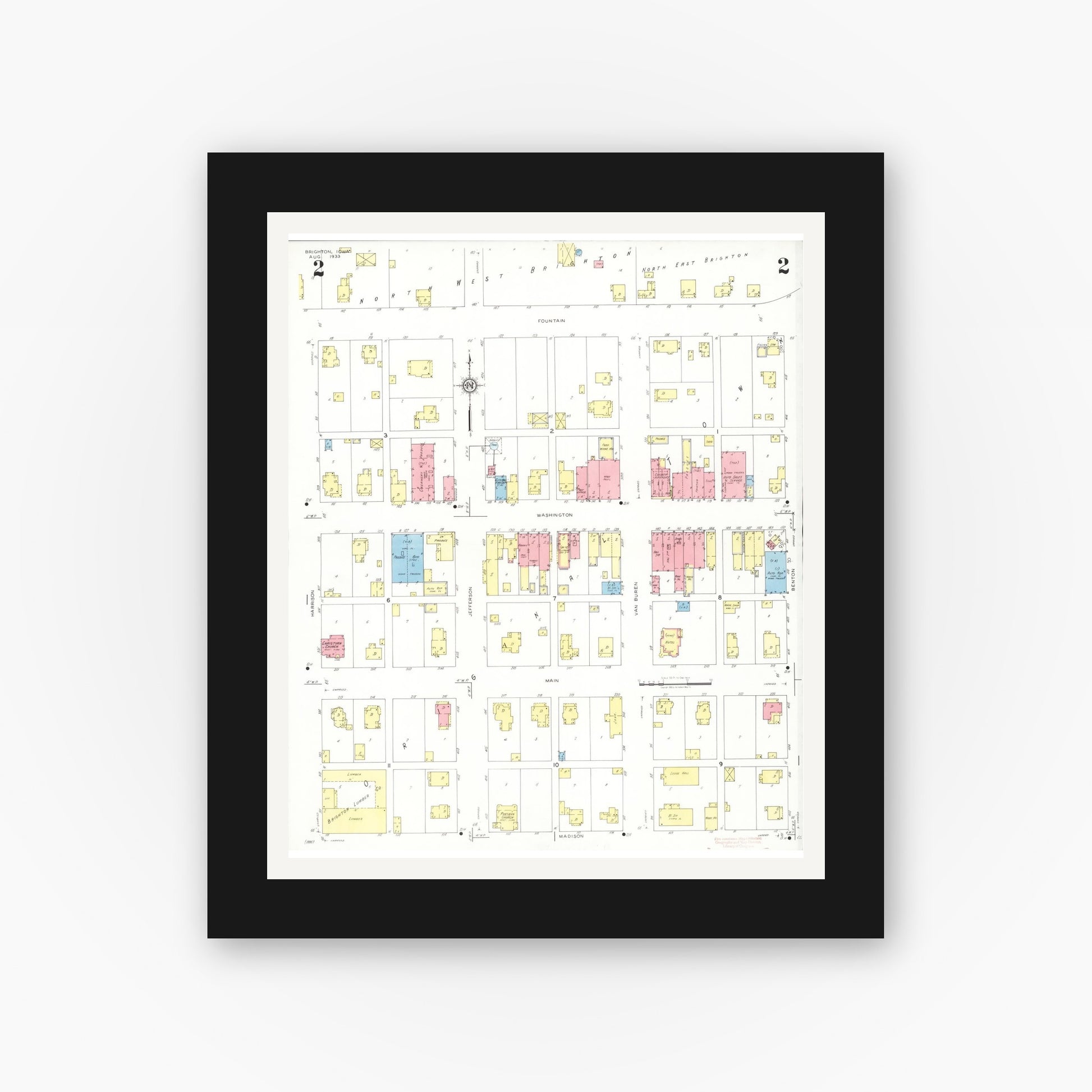 Old map wall art mockup — black gallery frame with white mat — Sanborn Fire Insurance Map from Brighton, Washington County, Iowa (1933), Sheet #0002