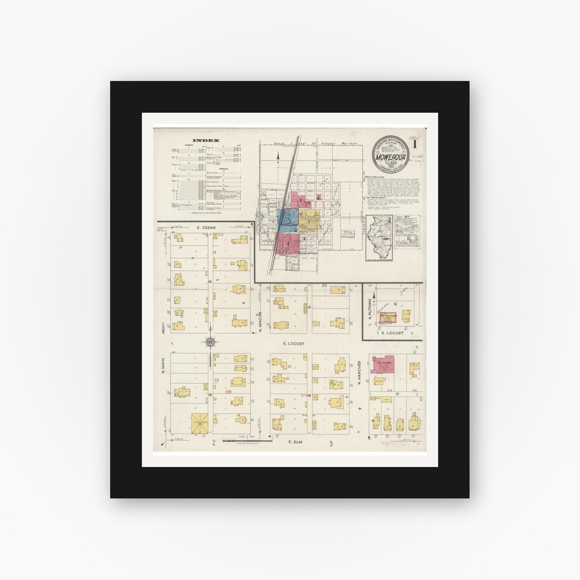 Old map wall art mockup — black gallery frame with white mat — Sanborn Fire Insurance Map from Moweaqua, Shelby County, Illinois (1922) - Complete Map Set