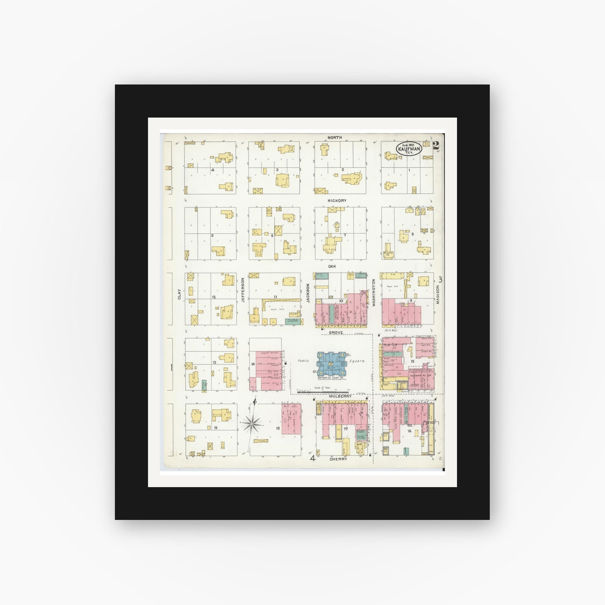 Old map wall art mockup — black gallery frame with white mat — Sanborn Fire Insurance Map from Kaufman, Kaufman County, Texas (1905), Sheet #0002