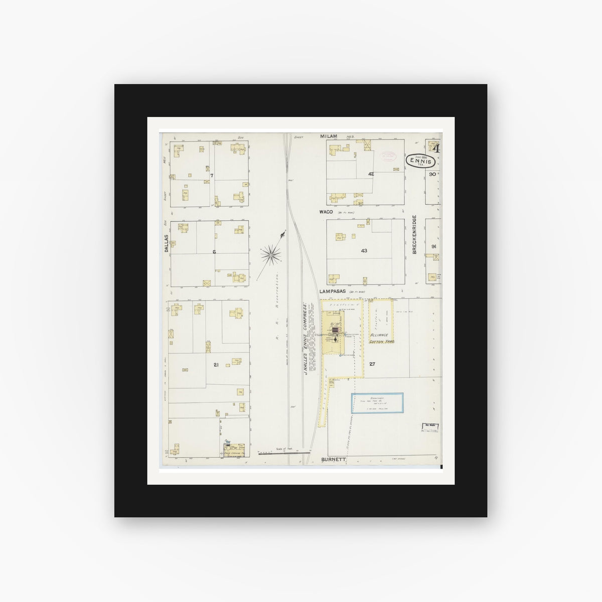 Old map wall art mockup — black gallery frame with white mat — Sanborn Fire Insurance Map from Ennis, Ellis County, Texas (1890), Sheet #0004
