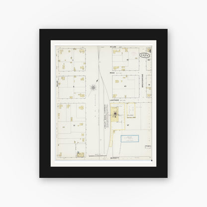 Old map wall art mockup — black gallery frame with white mat — Sanborn Fire Insurance Map from Ennis, Ellis County, Texas (1890), Sheet #0004