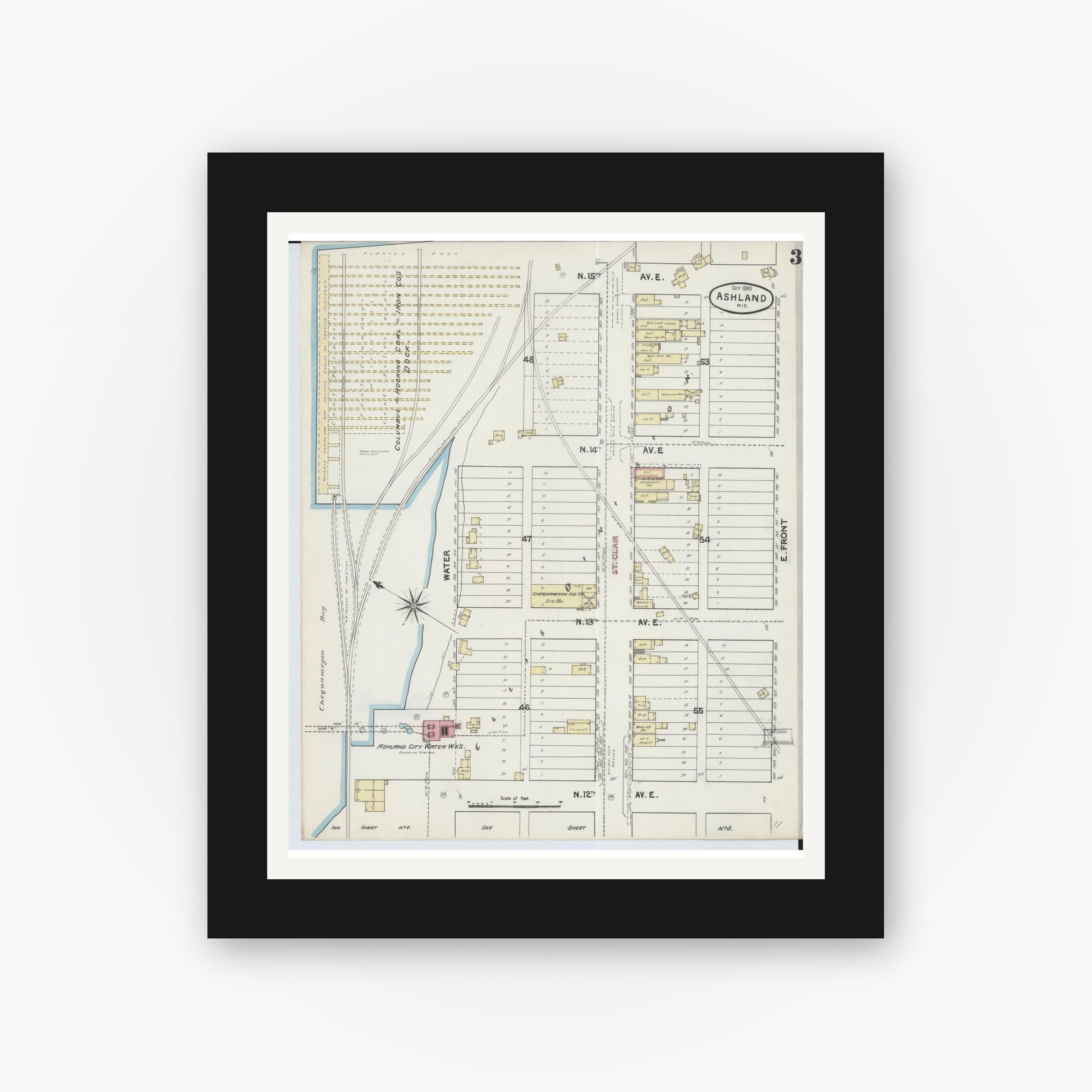 Old map wall art mockup — black gallery frame with white mat — Sanborn Fire Insurance Map from Ashland, Ashland County, Wisconsin (1890), Sheet #0003