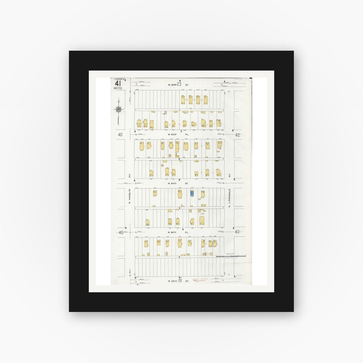 Old map wall art mockup — black gallery frame with white mat — Sanborn Fire Insurance Map from Chicago, Cook County, Illinois (1920), Sheet #0041