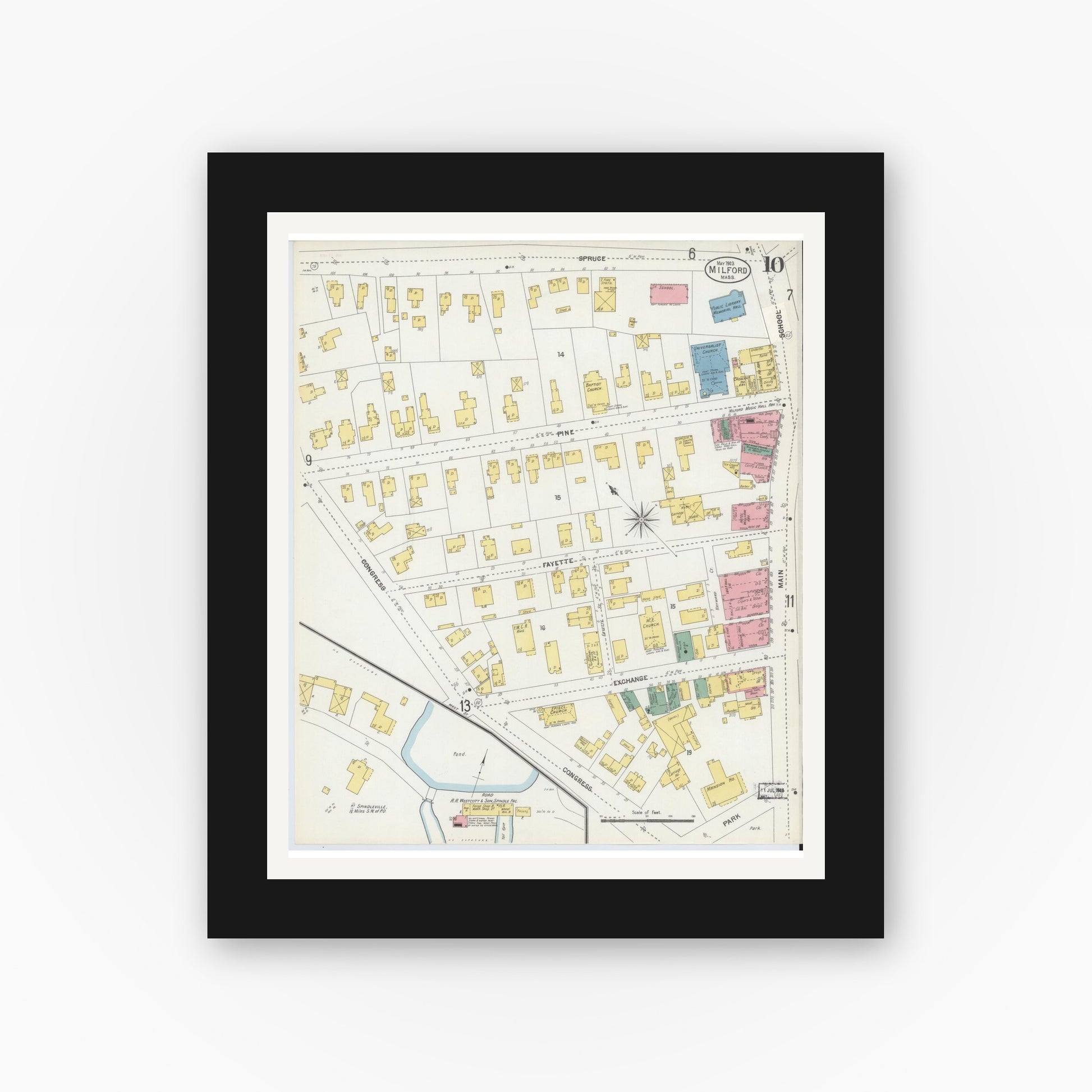 Old map wall art mockup — black gallery frame with white mat — Sanborn Fire Insurance Map from Milford, Worcester County, Massachusetts (1903), Sheet #0010