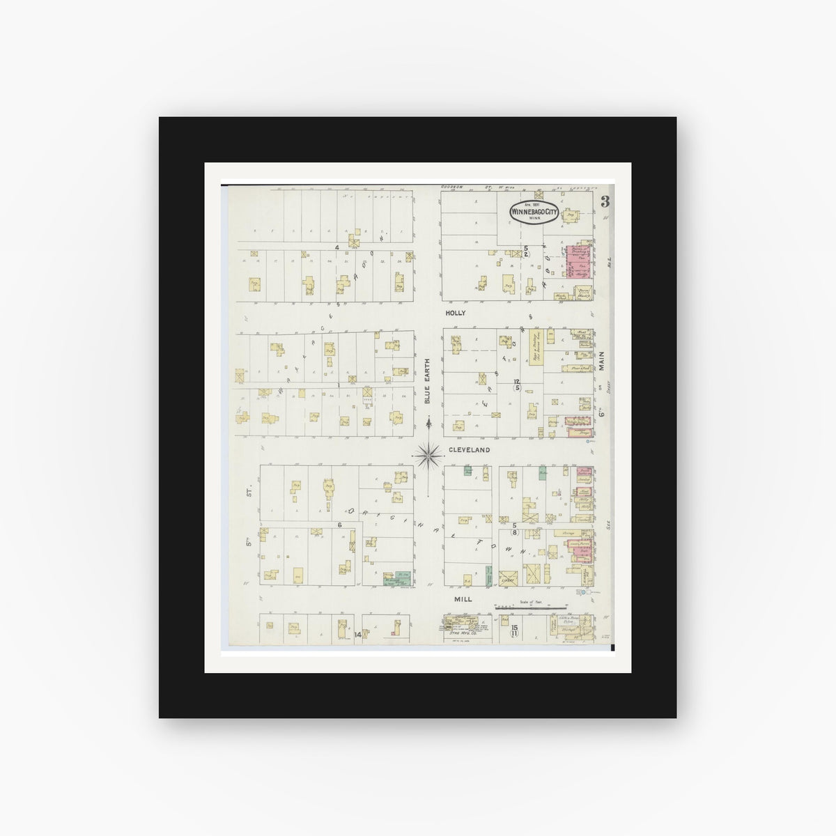 Old map wall art mockup — black gallery frame with white mat — Sanborn Fire Insurance Map from Winnebago, Faribault County, Minnesota (1891), Sheet #0003