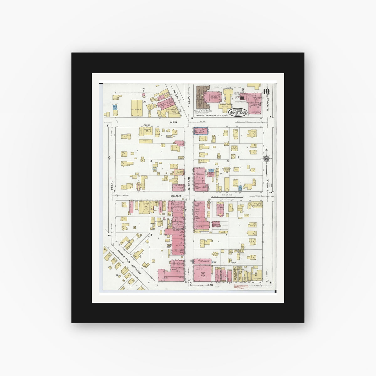 Old map wall art mockup — black gallery frame with white mat — Sanborn Fire Insurance Map from Manistique, Schoolcraft County, Michigan (1920), Sheet #0010