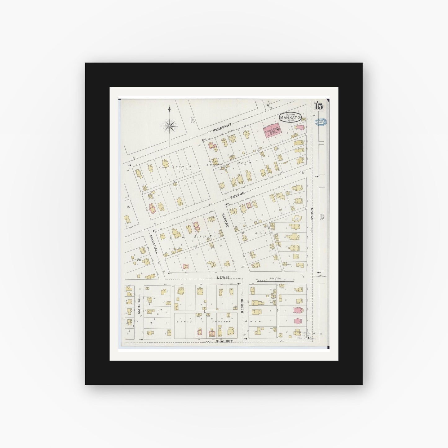 Old map wall art mockup — black gallery frame with white mat — Sanborn Fire Insurance Map from Mankato, Blue Earth County, Minnesota (1894), Sheet #0015