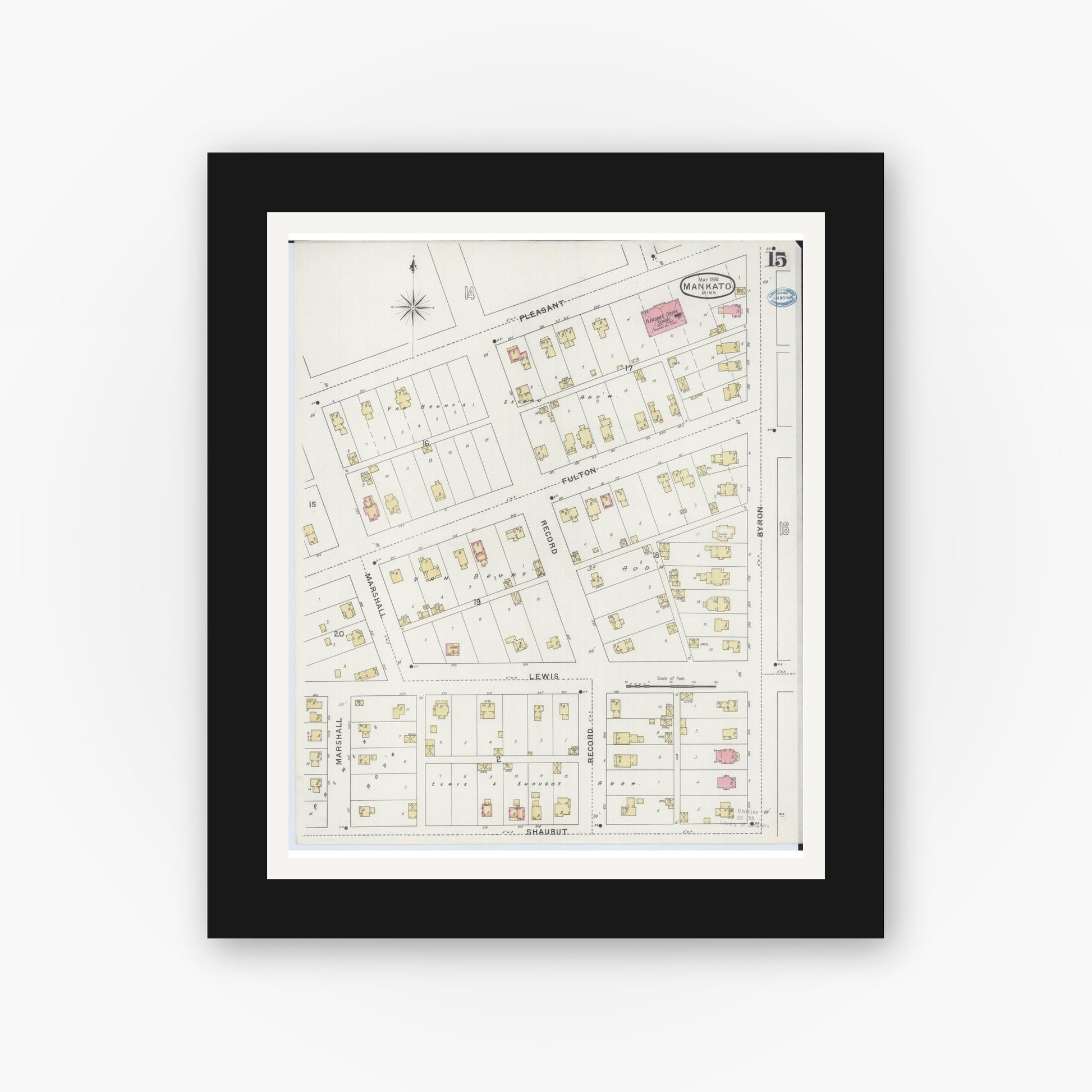 Old map wall art mockup — black gallery frame with white mat — Sanborn Fire Insurance Map from Mankato, Blue Earth County, Minnesota (1894), Sheet #0015