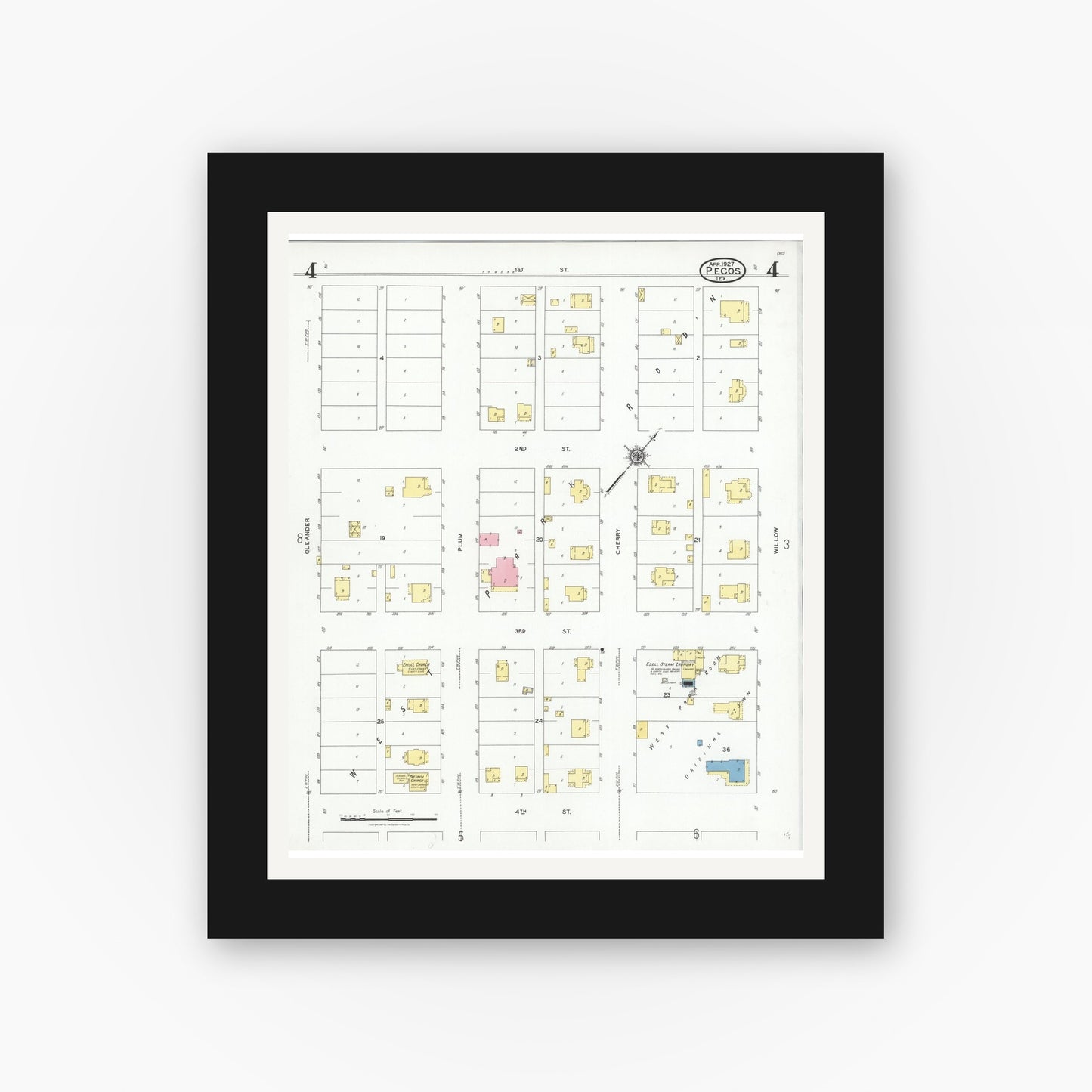 Old map wall art mockup — black gallery frame with white mat — Sanborn Fire Insurance Map from Pecos, Reeves County, Texas (1927), Sheet #0004
