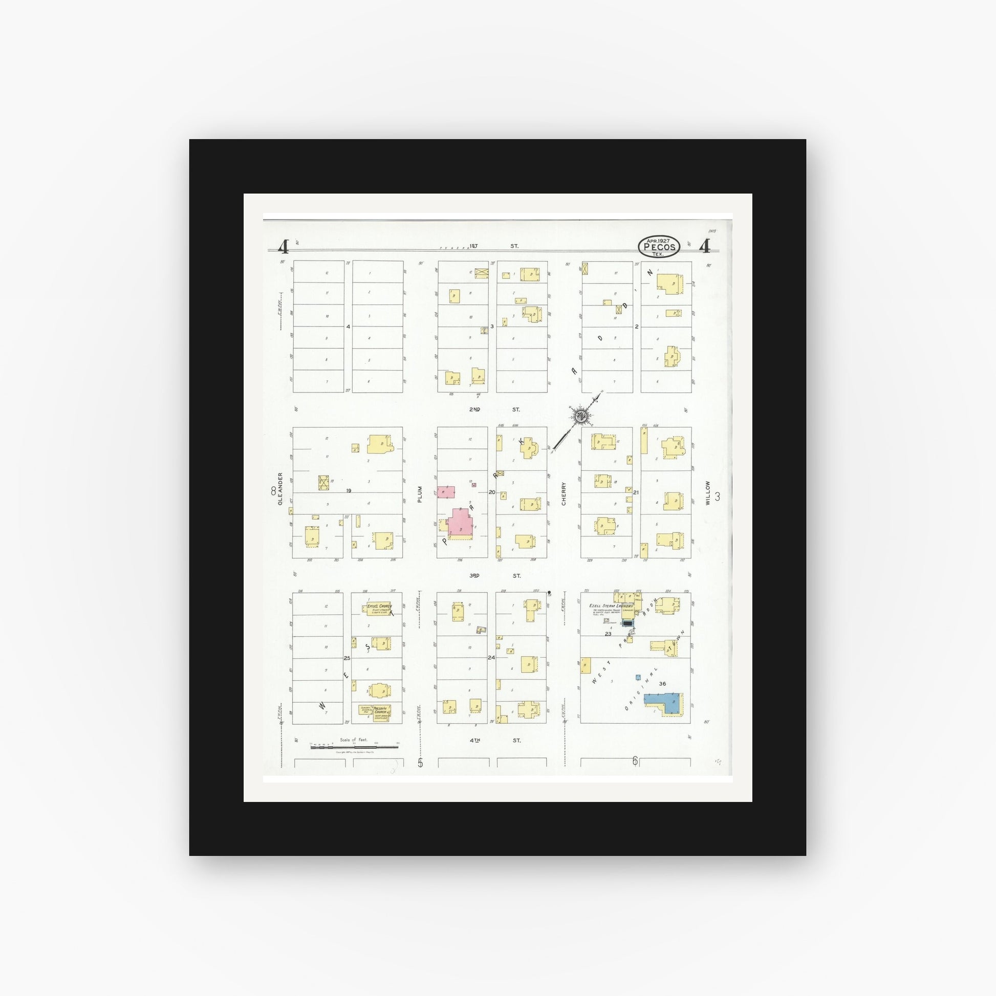 Old map wall art mockup — black gallery frame with white mat — Sanborn Fire Insurance Map from Pecos, Reeves County, Texas (1927), Sheet #0004