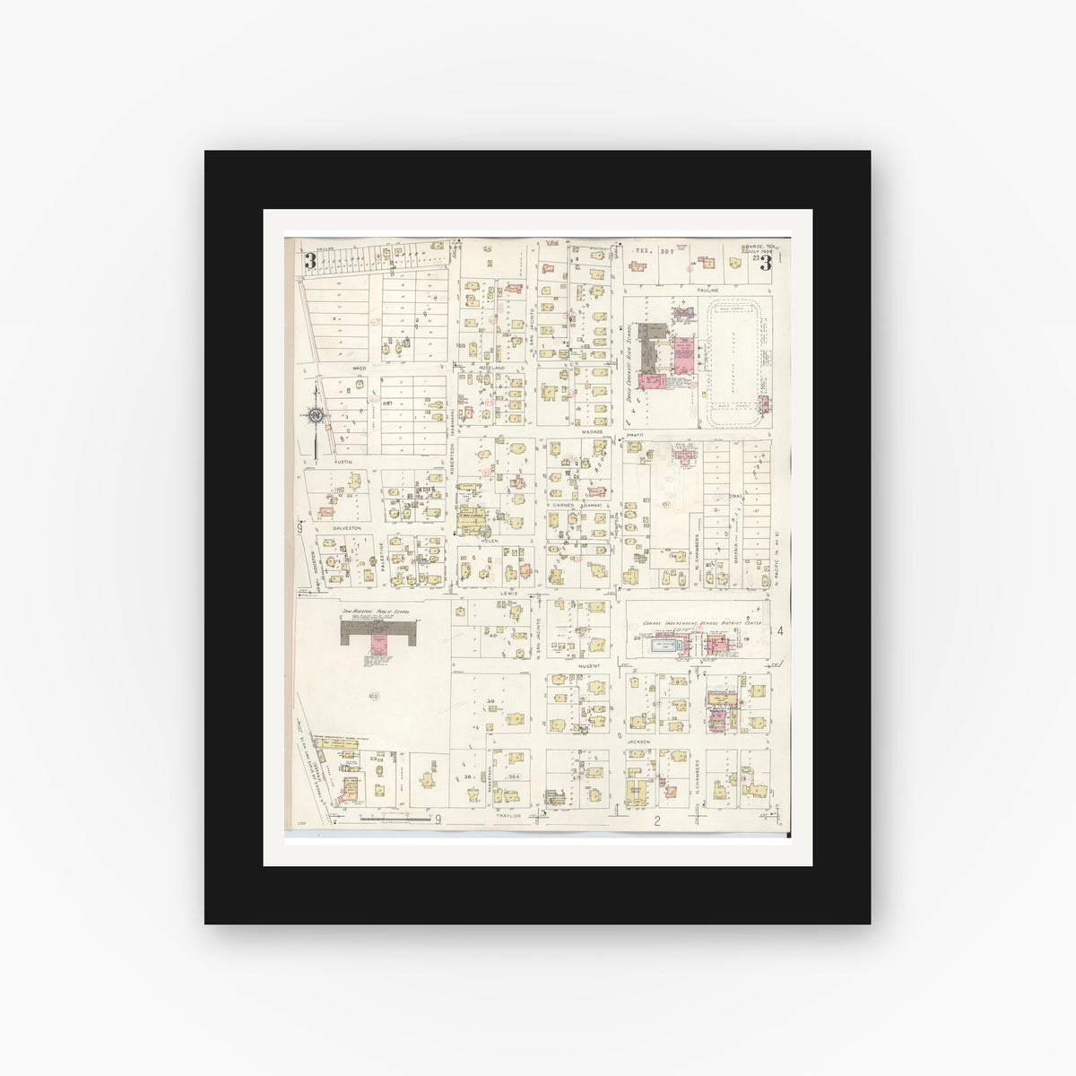 Old map wall art mockup — black gallery frame with white mat — Sanborn Fire Insurance Map from Conroe, Montgomery County, Texas (1943), Sheet #0003