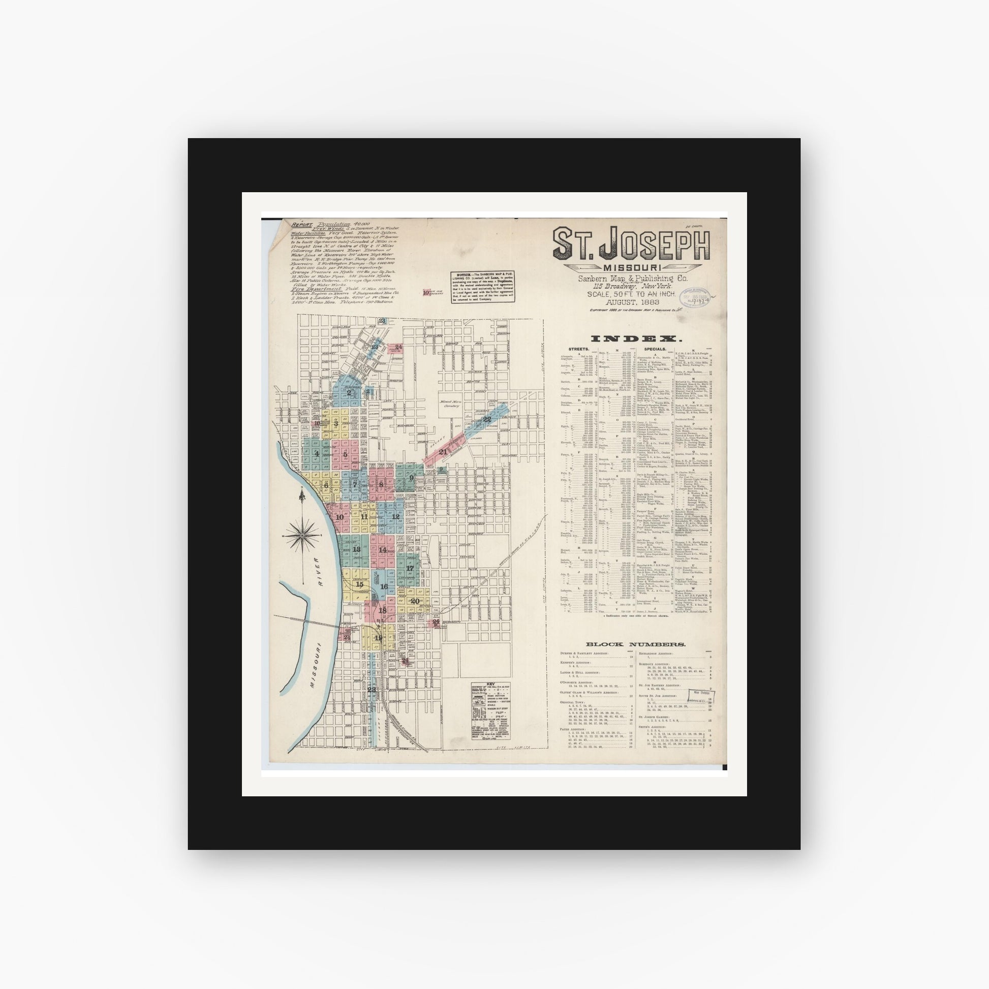 Old map wall art mockup — black gallery frame with white mat — Sanborn Fire Insurance Map from Saint Joseph, Buchanan County, Missouri (1883), Sheet #0001