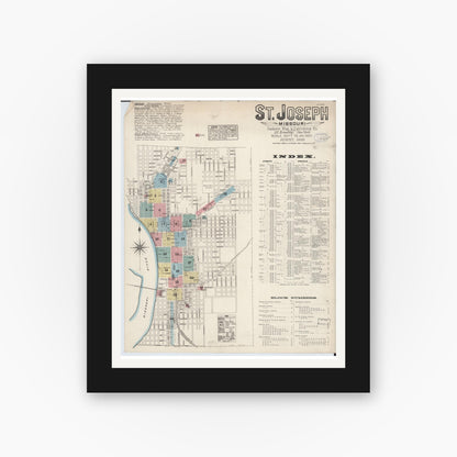 Old map wall art mockup — black gallery frame with white mat — Sanborn Fire Insurance Map from Saint Joseph, Buchanan County, Missouri (1883), Sheet #0001