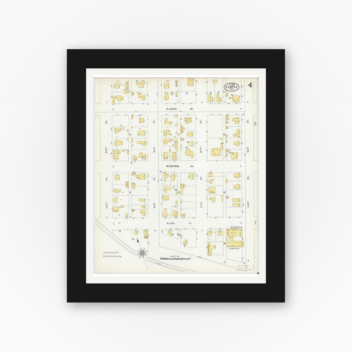 Old map wall art mockup — black gallery frame with white mat — Sanborn Fire Insurance Map from Temple, Bell County, Texas (1900), Sheet #0004