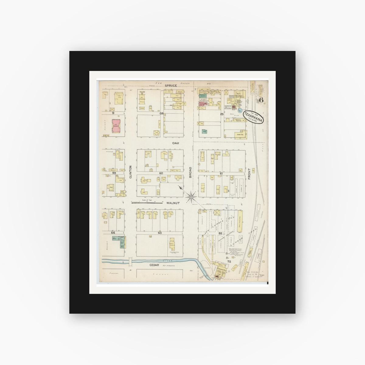 Old map wall art mockup — black gallery frame with white mat — Sanborn Fire Insurance Map from Texarkana, Bowie County, Texas (1888), Sheet #0006
