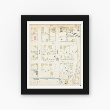 Old map wall art mockup — black gallery frame with white mat — Sanborn Fire Insurance Map from Texarkana, Bowie County, Texas (1888), Sheet #0006