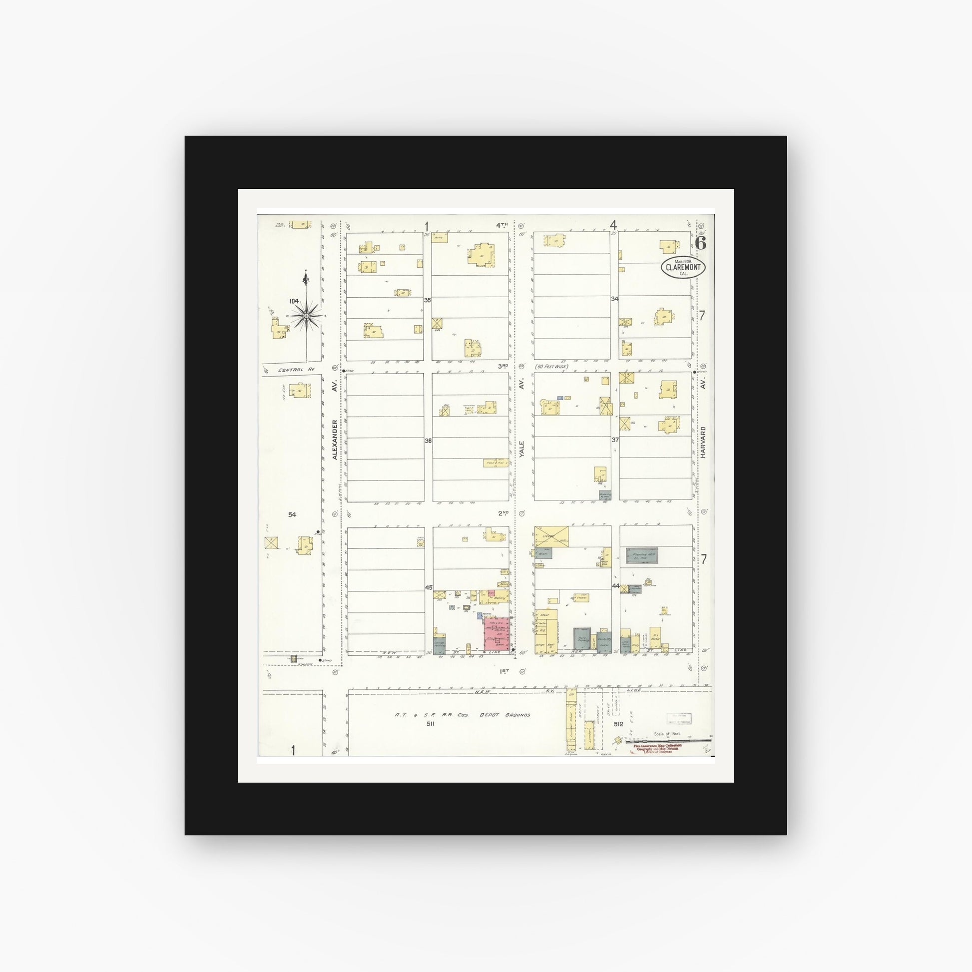 Old map wall art mockup — black gallery frame with white mat — Sanborn Fire Insurance Map from Claremont, Los Angeles County, California (1909), Sheet #0006
