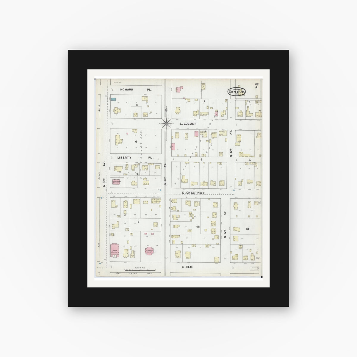 Old map wall art mockup — black gallery frame with white mat — Sanborn Fire Insurance Map from Canton, Fulton County, Illinois (1891), Sheet #0007