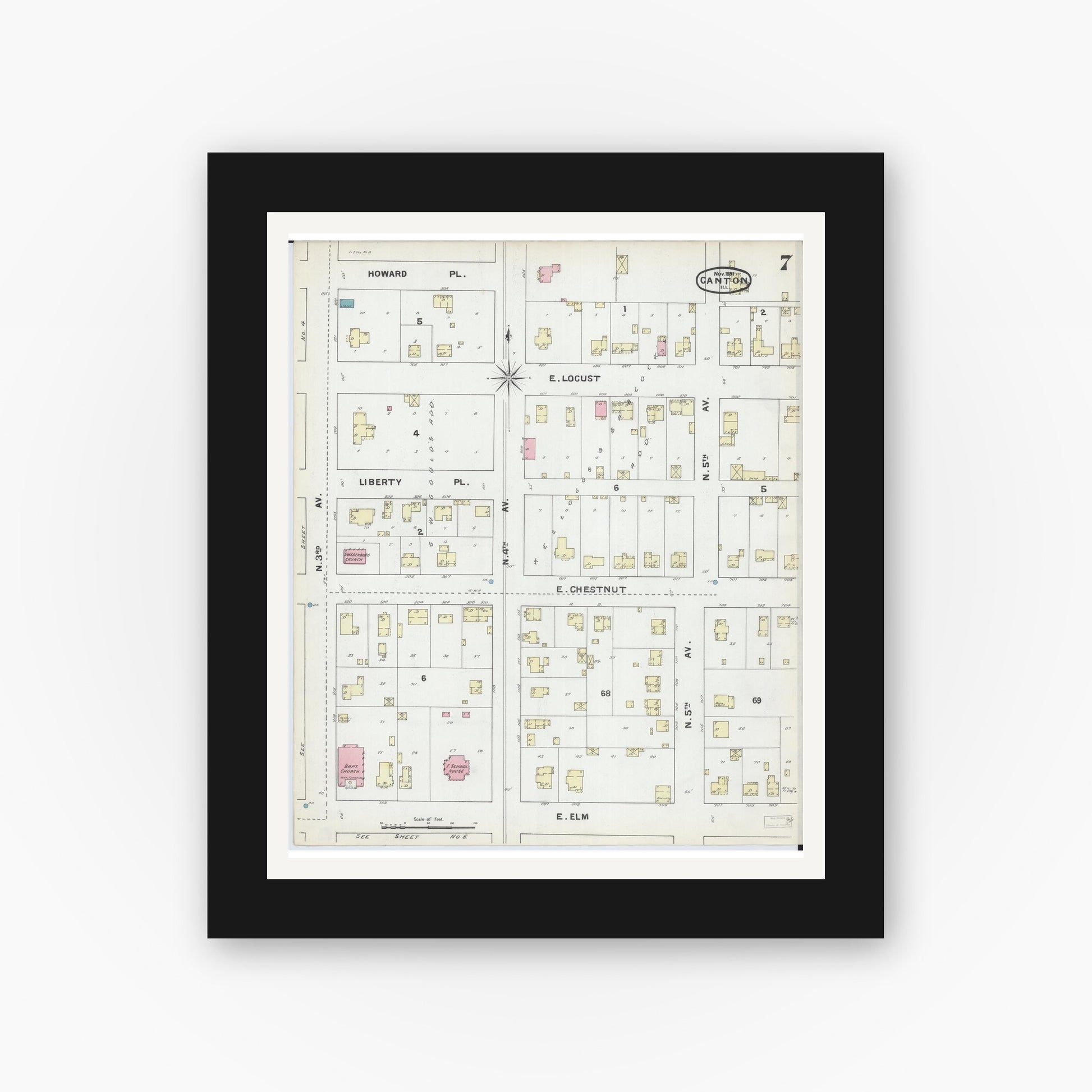 Old map wall art mockup — black gallery frame with white mat — Sanborn Fire Insurance Map from Canton, Fulton County, Illinois (1891), Sheet #0007