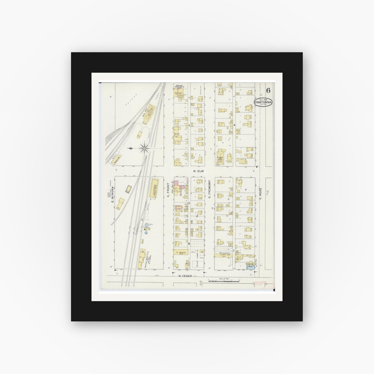 Old map wall art mockup — black gallery frame with white mat — Sanborn Fire Insurance Map from Owatonna, Steele County, Minnesota (1894), Sheet #0006
