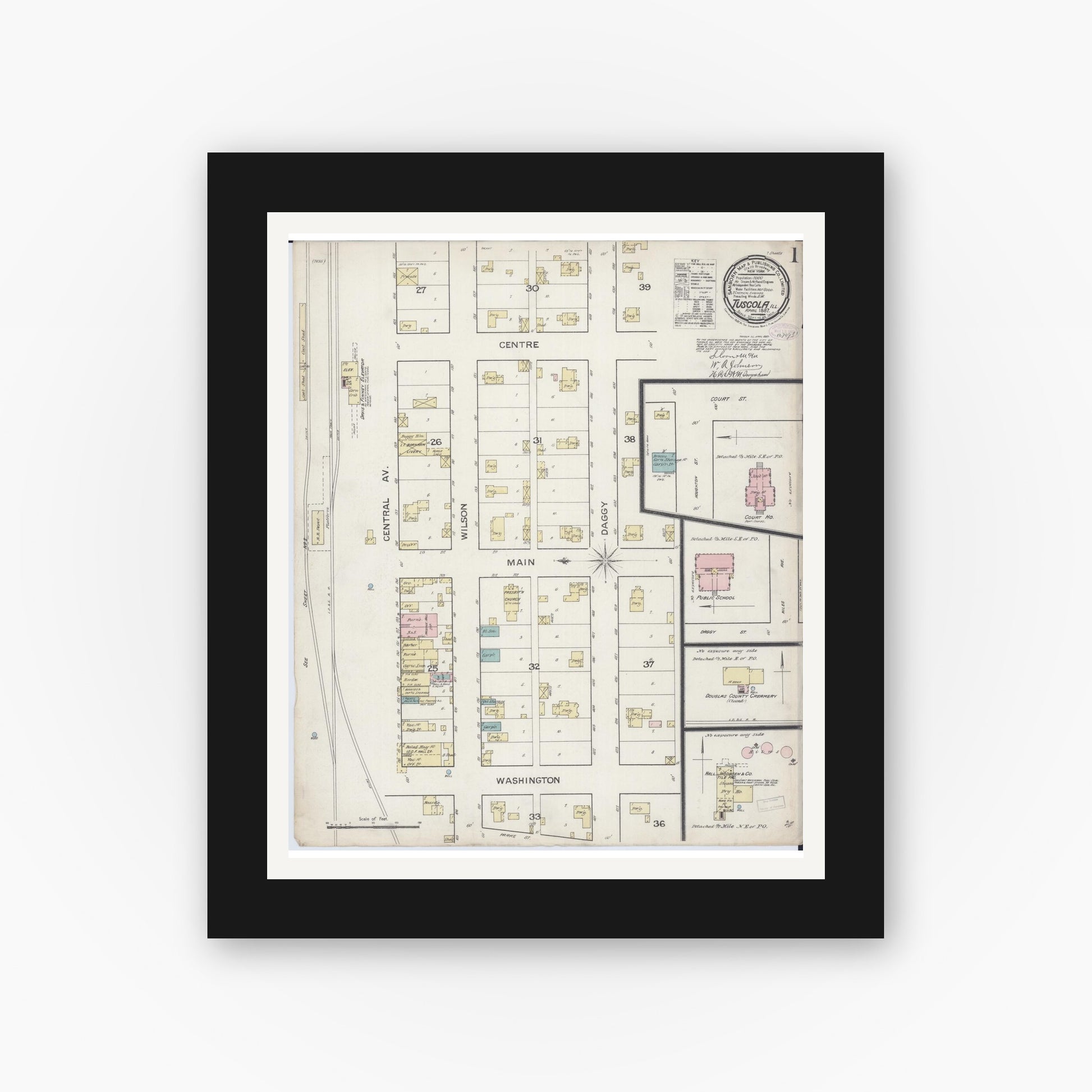 Old map wall art mockup — black gallery frame with white mat — Sanborn Fire Insurance Map from Tuscola, Douglas County, Illinois (1887) - Complete Map Set