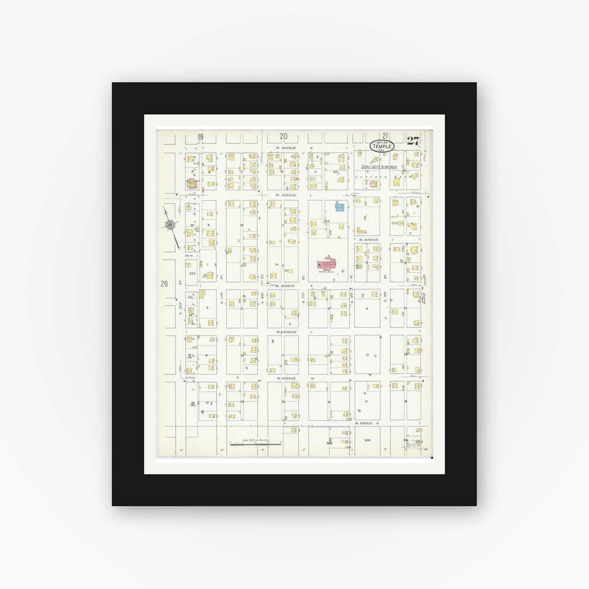 Old map wall art mockup — black gallery frame with white mat — Sanborn Fire Insurance Map from Temple, Bell County, Texas (1915), Sheet #0027
