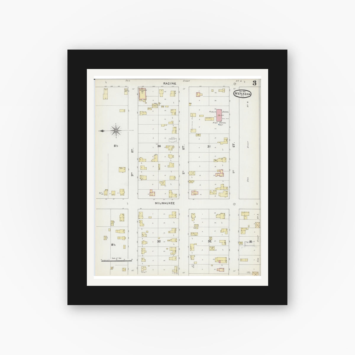 Old map wall art mockup — black gallery frame with white mat — Sanborn Fire Insurance Map from Menasha, Winnebago County, Wisconsin (1891), Sheet #0003