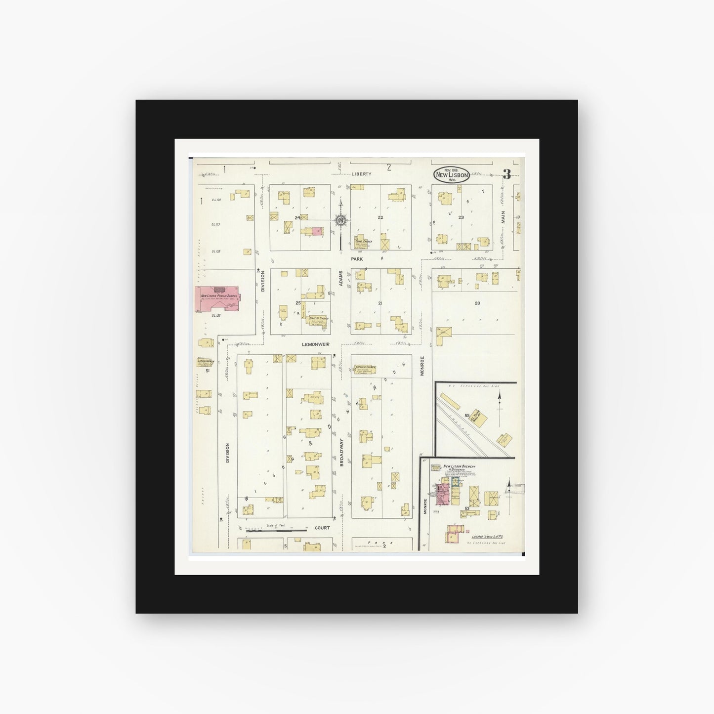 Old map wall art mockup — black gallery frame with white mat — Sanborn Fire Insurance Map from New Lisbon, Juneau County, Wisconsin (1916), Sheet #0003