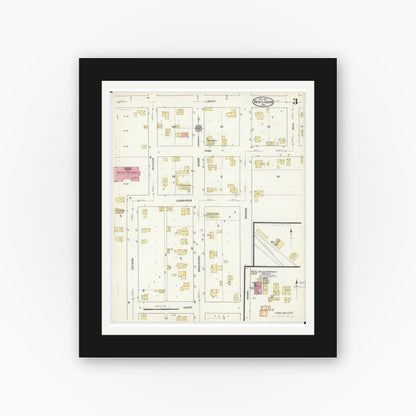 Old map wall art mockup — black gallery frame with white mat — Sanborn Fire Insurance Map from New Lisbon, Juneau County, Wisconsin (1916), Sheet #0003