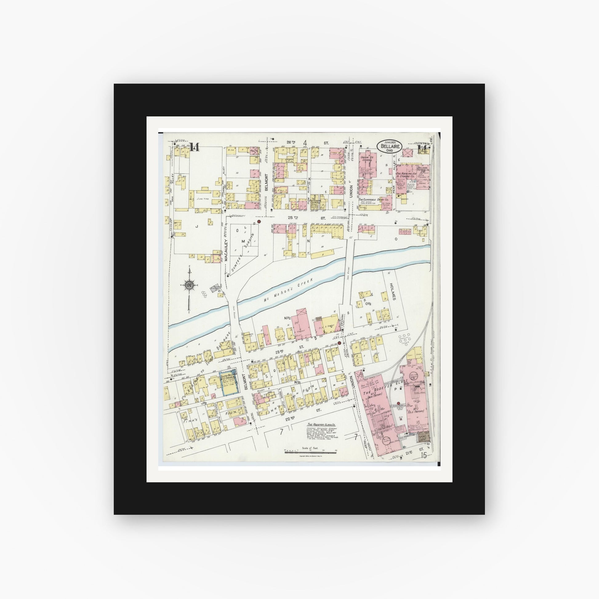 Old map wall art mockup — black gallery frame with white mat — Sanborn Fire Insurance Map from Bellaire, Belmont County, Ohio (1924), Sheet #0014