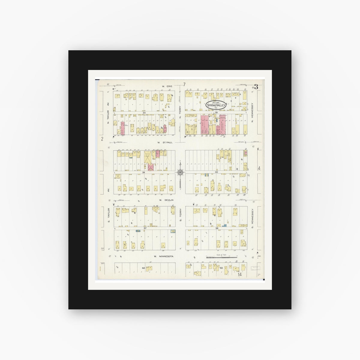 Old map wall art mockup — black gallery frame with white mat — Sanborn Fire Insurance Map from Spring Valley, Bureau County, Illinois (1913), Sheet #0003