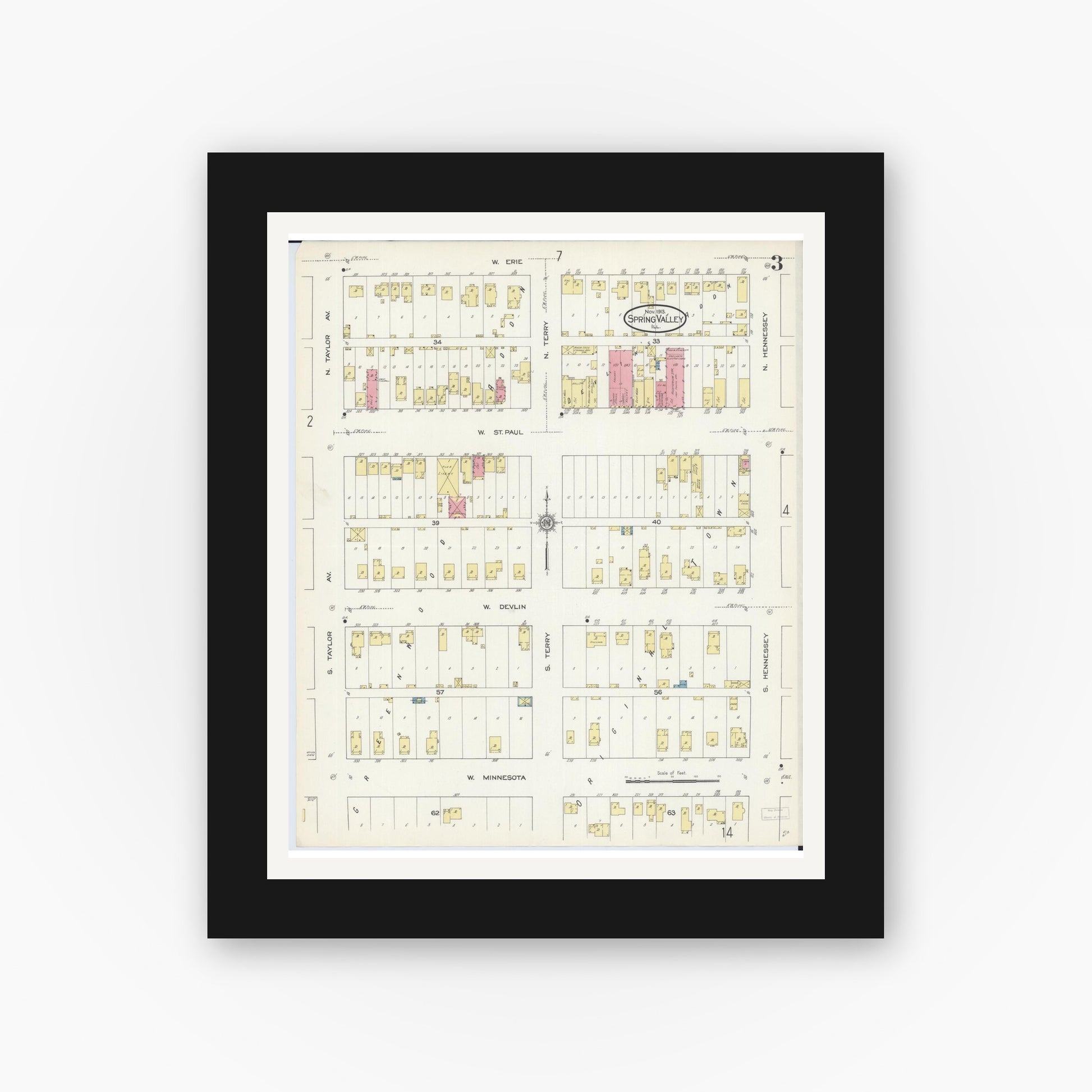 Old map wall art mockup — black gallery frame with white mat — Sanborn Fire Insurance Map from Spring Valley, Bureau County, Illinois (1913), Sheet #0003