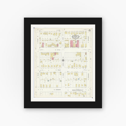 Old map wall art mockup — black gallery frame with white mat — Sanborn Fire Insurance Map from Spring Valley, Bureau County, Illinois (1913), Sheet #0003