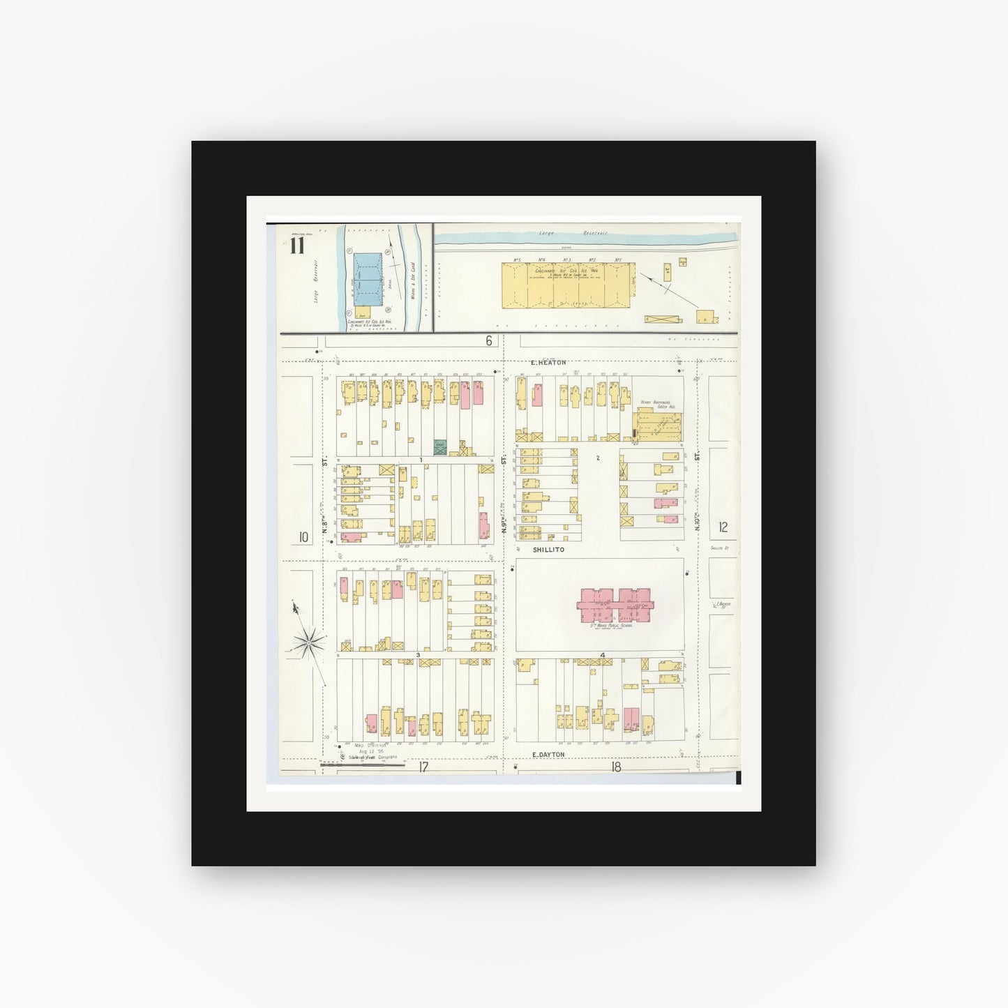 Old map wall art mockup — black gallery frame with white mat — Sanborn Fire Insurance Map from Hamilton, Butler County, Ohio (1899), Sheet #0011