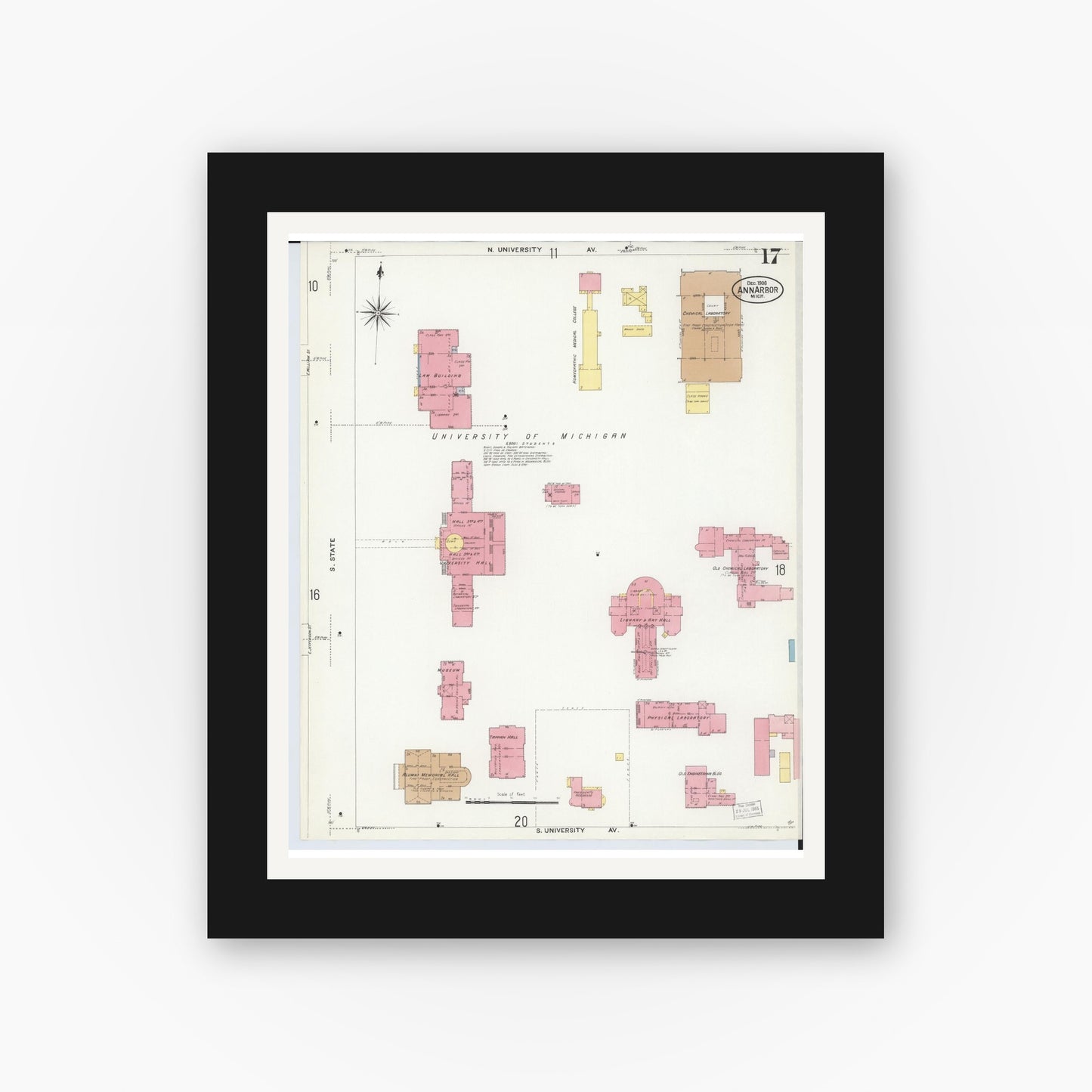 Old map wall art mockup — black gallery frame with white mat — Sanborn Fire Insurance Map from Ann Arbor, Washtenaw County, Michigan (1908), Sheet #0017