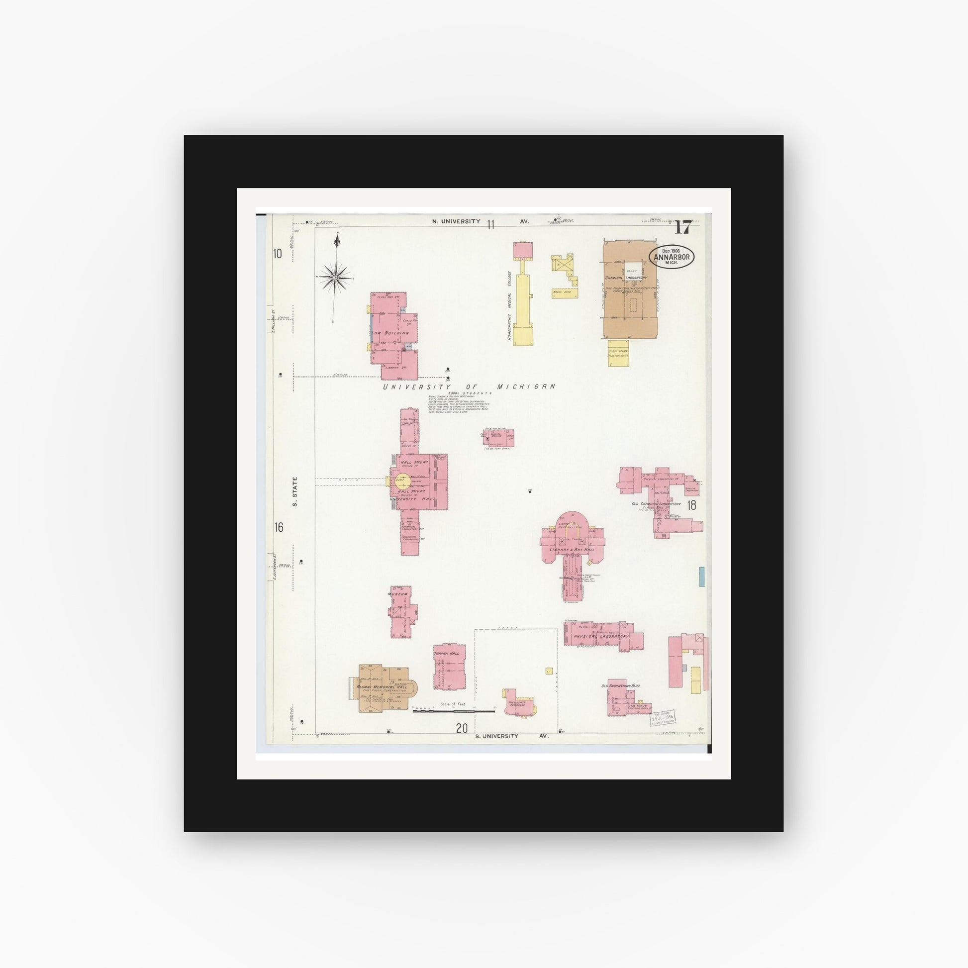 Old map wall art mockup — black gallery frame with white mat — Sanborn Fire Insurance Map from Ann Arbor, Washtenaw County, Michigan (1908), Sheet #0017